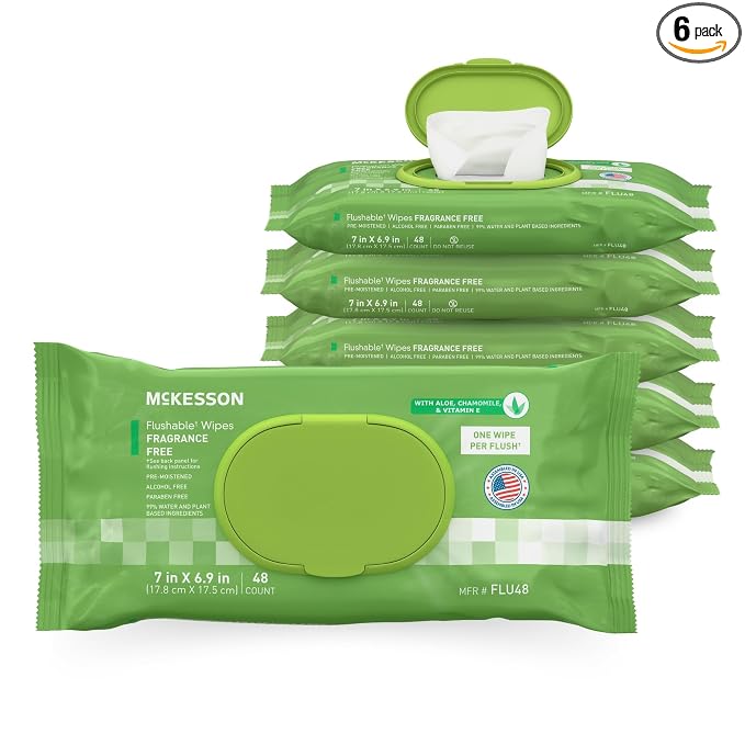 McKesson Flushable Adult Wet Wipes, Unscented, 288 Wipes (6 Pack of 48) | Plant-Based Cleansing Wipes, Unscented, Gentle on Skin, Plant-Based Adult Cleansing Wipes