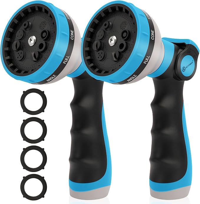 AUTOMAN Garden Hose Nozzle Sprayer - 10 Spray Patterns, 2 Pack Thumb Control Water Hose Nozzle Outdoor, Heavy Duty Spray Nozzles for Watering Garden, Cleaning Window, Washing Car, Showering Pets