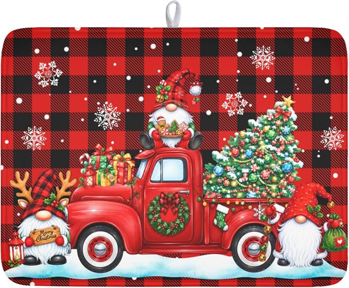 Christmas Dish Drying Mat for Kitchen Counter Xmas Gnome Truck Red Black Buffalo Plaid Dish Drainer Mat Rustic Farmhouse Holiday Absorbent Washable Drying Pad 18"x24"