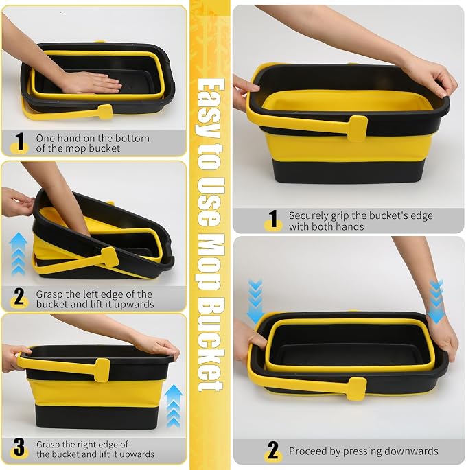 Collapsible Mop Bucket for Cleaning with Handle, Square Foldable Bucket | Silicone Wash Bucket for Windows Cleaning, Car Washing,Portable Plastic Water Bucket for Storage Household Use, 3-Gallon