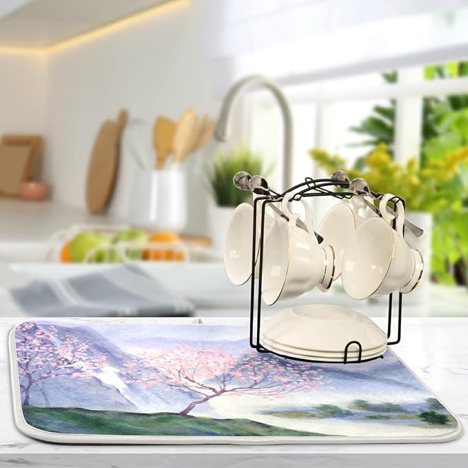 Absorbent Dish Drying Mat for Kitchen Counter - Chinese Painting Colors Microfiber Drying Pad, Reversible Drainer Mats for Countertop, Small 16 x 18 inch