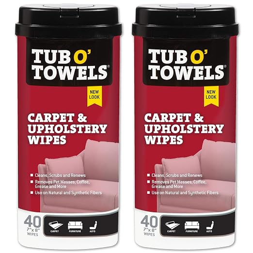 Tub O' Towels Carpet & Upholstery Cleaning Wipes 2 Pack – 7 x 8 Pre-Moistened Multi Surface Fabric Cleaning Wipes, 40 Count for Carpet, Rugs & Furniture