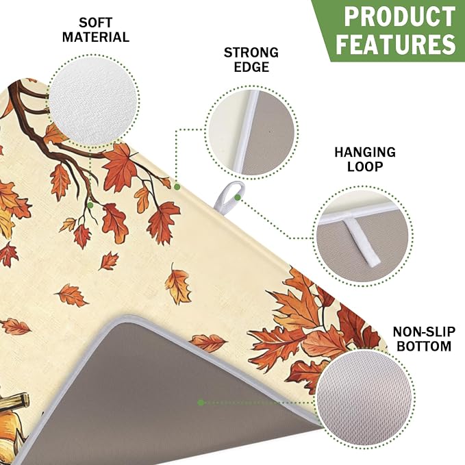 Fall Orange Pumpkin Dish Drying Mat for Kitchen Counter 16 x 18 Inch Autumn Maple Leaf Dish Drainer Mat Absorbent Microfiber Thanksgiving Harvest Dish Rack Pad for Coffee Dining Bar Decor