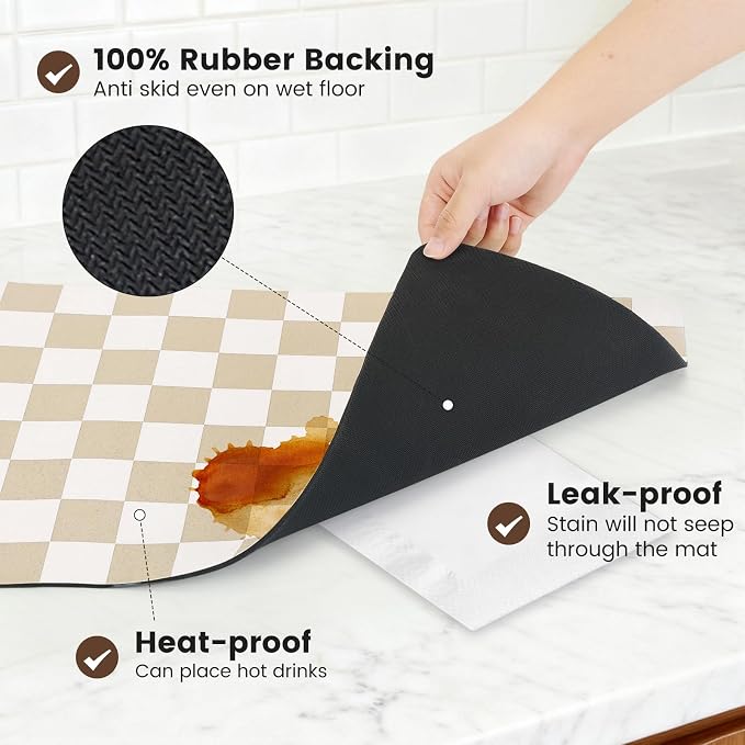 17" x 32" Checkered Dish Drying Mat for Kitchen Counter, Absorbent Coffee Bar Mat for Espresso Machine Coffee Countertops Accessories, Beige
