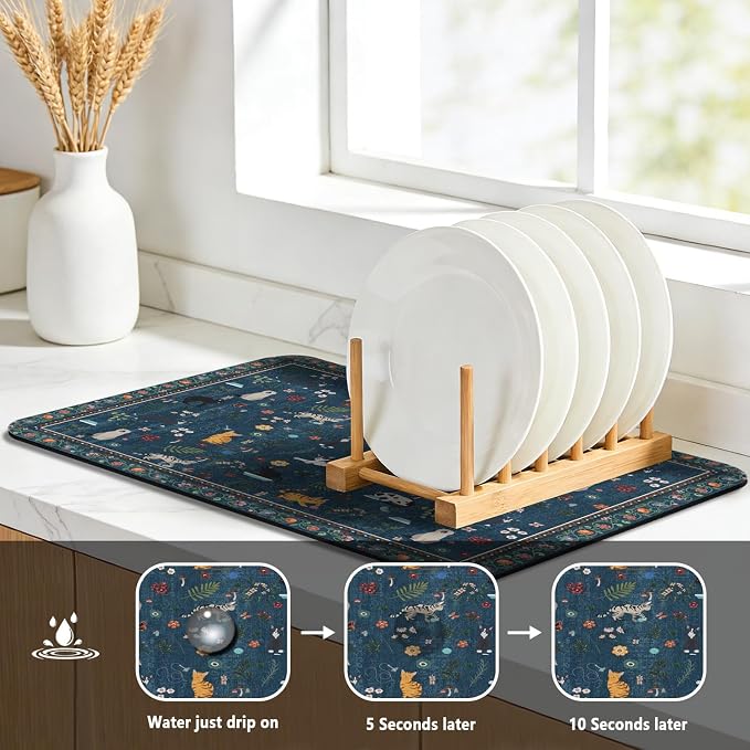 Dish Drying Mat, Vintage Rustic Boho Kitchen Dishes Absorbent Pad, 12x20in | Eco-friendly diatomite with non-slip rubber backing. Super absorbent mat for kitchen counters, coffee bars & sinks