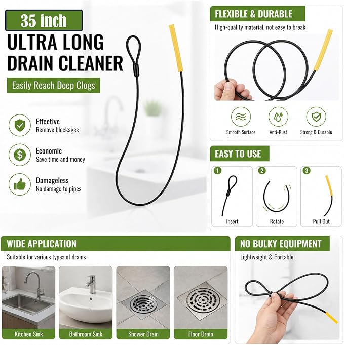 Drain Snake Hair Drain Clog Remover 35 Inch, 5PCS Reusable Sink Snake Drain Hair Remover Tool, Anti-Break Metal Plumbing Snake Drain Cleaner for Shower, Bathtub,Kitchen Sink