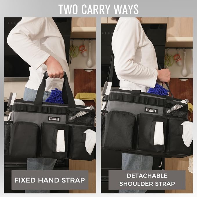 SCAVATA Wearable Cleaning Caddy Bag, Cleaning Caddy Supplies Organizer with Handle & Shoulder Straps for Housekeepers, Under Sink & Car Cleaning Tool Organizers with 4 Foldable Divider (GraphiteGrey)