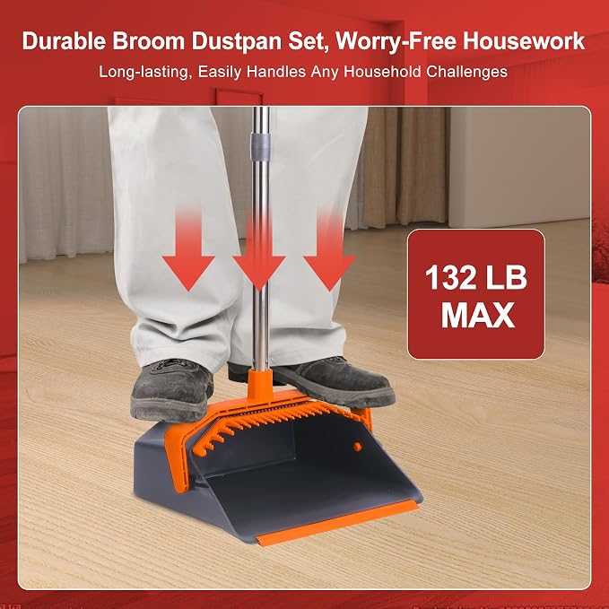Broom and Dustpan Set for Home, 51" Long Handle Standing Pan Grey Orange | Self-Cleaning Dust Pan and Brooms, ZeroGap Lip, Upright Storage Broom Combo for Kitchen Lobby Office Restaurant Indoor
