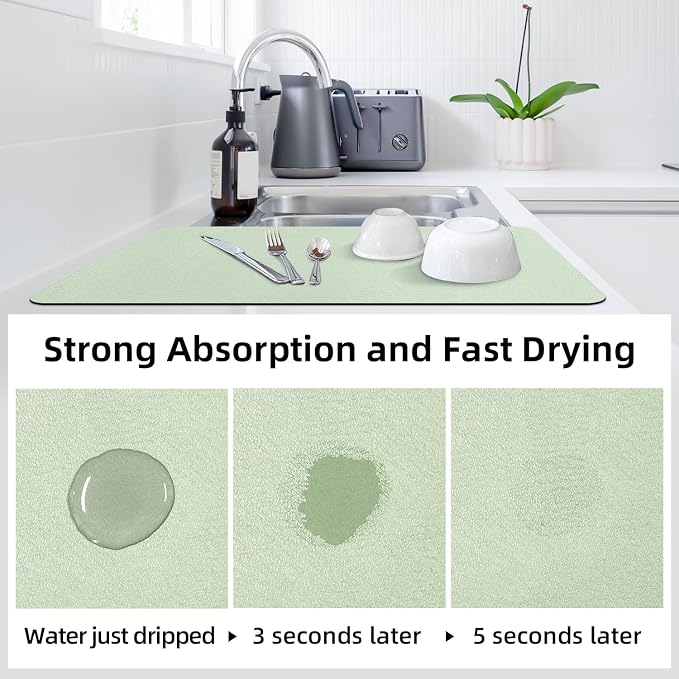 LOPNUR Kitchen Dish Drying Mat, 31.5"x17" Dish Drying Mats for Kitchen Counter, Diatomite Coffee Mat, Super Absorbent Dish Drying Pad, Heat Resistant Mat with Anti-slip Rubber Backed, Sage Green