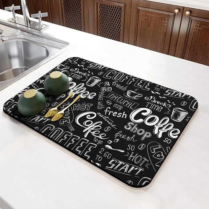 Fun Coffee Mat 23inx15in,Coffee Bar for Countertops,Absorbent Hide Stain Anti-Slip Accessories Fit Under Machine Mat,dish Drying Mats Kitchen, (DS)