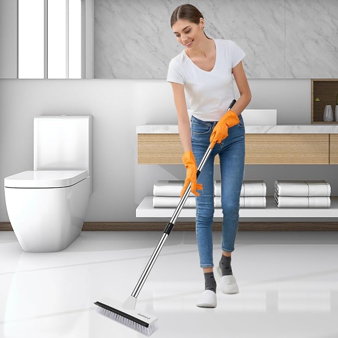 SetSail Floor Scrub Brush, 51-Inch Adjustable Long Handle Brush,Black White | 2 in 1 Scrape Brush Stiff Bristle Floor Scrubber for Cleaning Shower Bathroom Garage Kitchen Wall Deck Tub Tile