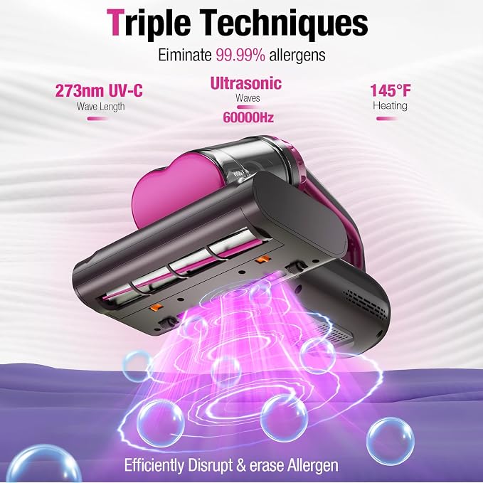 BYHUME Mattress Vacuum Cleaner, 17Kpa 650W Bed Vacuum Cleaner, 273nm UV-C Light & Ultrasonic 145°F Heating, 80000 RPM/Min Brushroll Rotation, Wide Suction Port for Pillows Cribs Sofa, Black Corded