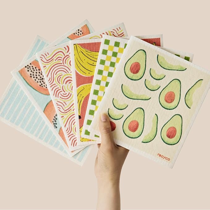RECYCO Swedish Dishcloths for Kitchen | 6 Packs Fruit Joy Washable Dish Rags | Cellulose Reusable Cleaning Paper Towels | Absorbent Counter Dish Cloth Sponge Kitchen Wipes, 8" L x 7" W