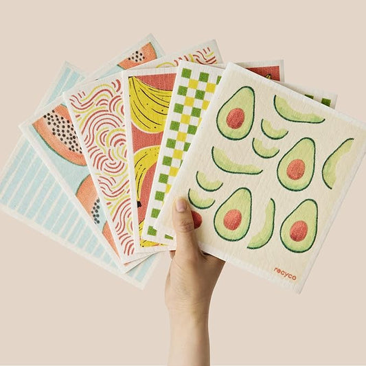 RECYCO Swedish Dishcloths for Kitchen | 6 Packs Fruit Joy Washable Dish Rags | Cellulose Reusable Cleaning Paper Towels | Absorbent Counter Dish Cloth Sponge Kitchen Wipes, 8" L x 7" W