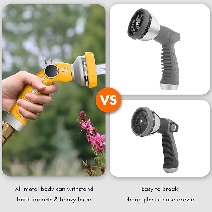 RESTMO Hose Nozzle Heavy Duty, Metal Water Hose Sprayer for Garden | 9 Spray Patterns, Leak Proof, Thumb Flow Control, On/Off Valve, Ideal for Outdoor Lawn & Plant, Car & Pet, Yellow