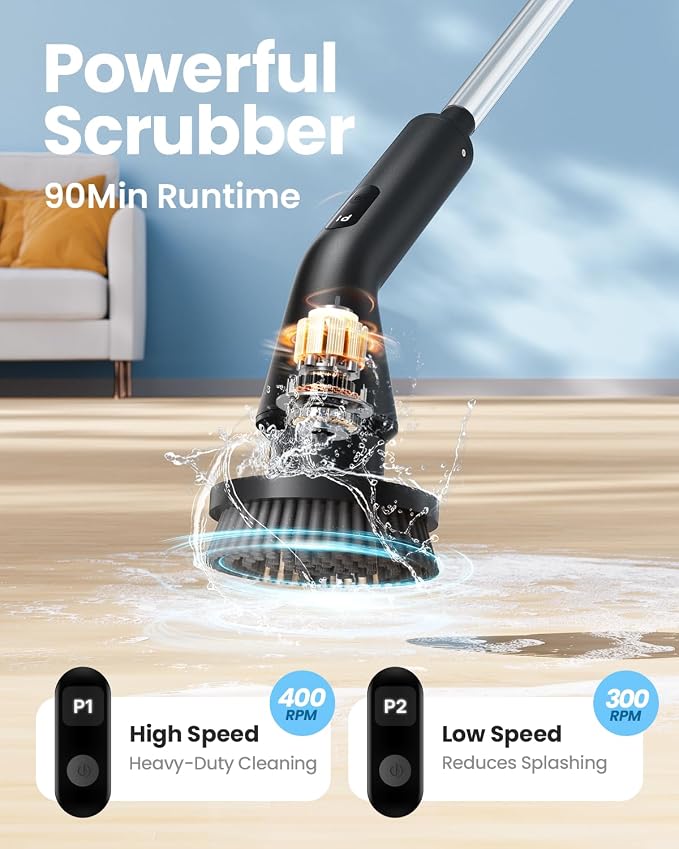 Leebein Electric Spin Scrubber, 2026 Upgraded Cordless Cleaning Brush Bathroom Scrubber, IPX7 Waterproof Electric Scrubber with 7 Brush Heads, Extendable Long Handle Power Scrubber for Bathtub Floor