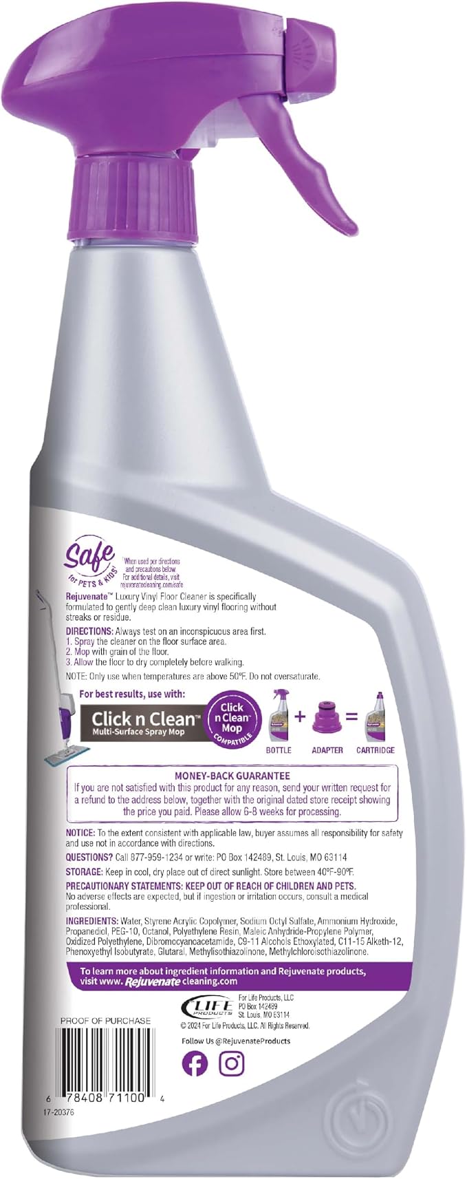 Rejuvenate Luxury Vinyl Floor Cleaner Gently Cleans And Revitalizes Luxury Vinyl Floors, 32 Ounces | No-Streak Formula Deep Cleans Dirt, Grime & Oil; Use with Rejuvenate Click n Clean Spray Mop, Safe For Pets & Kids