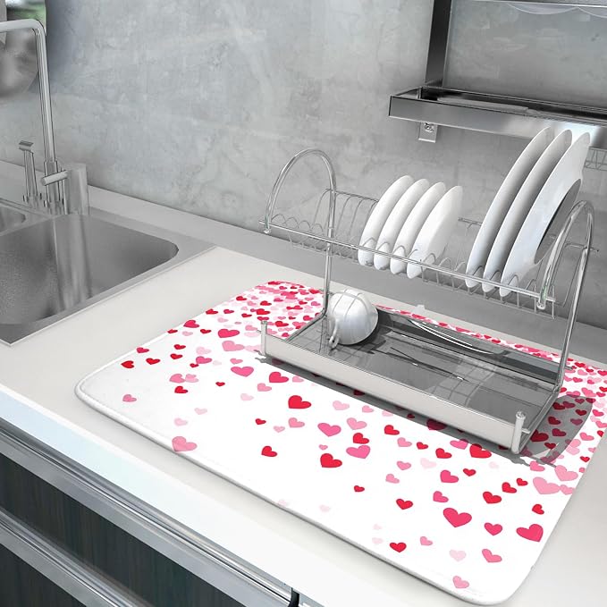 Valentine's Day Dish Drying Mat for Kitchen Counter Love Heart Kitchen Dish Drying Pad 16”x18” Absorbent Reversible Happy Valentine Dishes Drainer Pad Dish Drying Rack Mat for Countertop