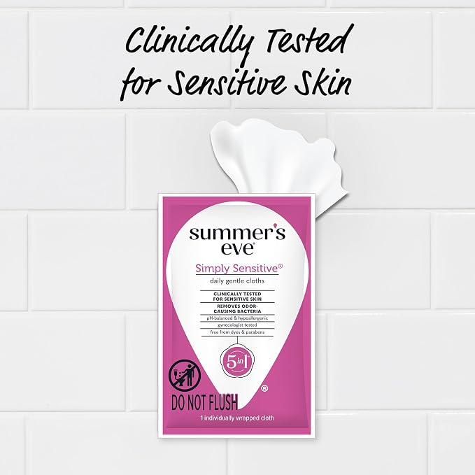 Summer's Eve Simply Sensitive Feminine Wipes, Gentle pH-Balanced Micellar Water Based Formula Helps Control Vaginal Odor, Individually Wrapped Wipes, 12 Count