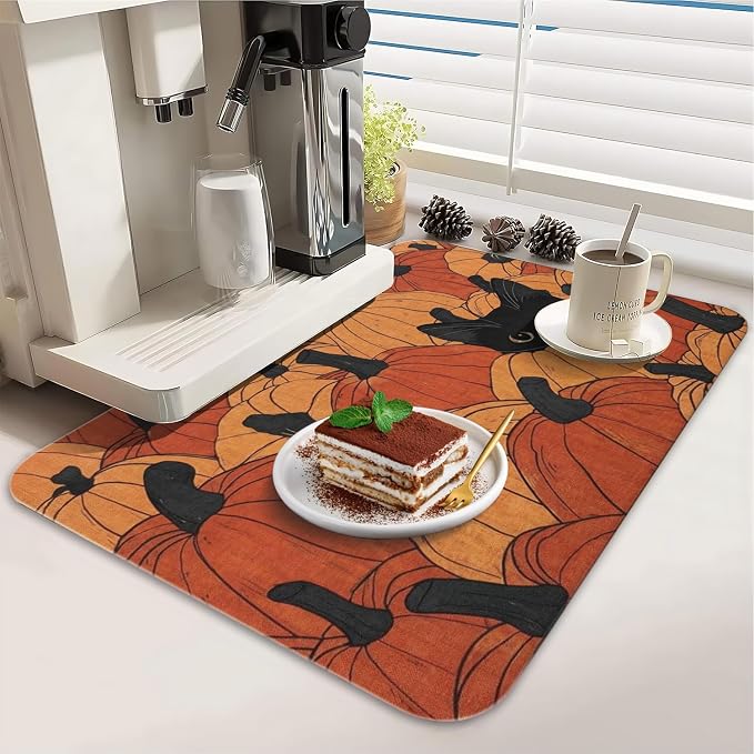 Fall Dish Drying Mat 2-Pack with Cat for Kitchen Counter Absorbent Dishes | Diatom Mud Mats (18x24, 19.5x12"). Non-slip rubber back for kitchen counter, coffee bar & sink scenes