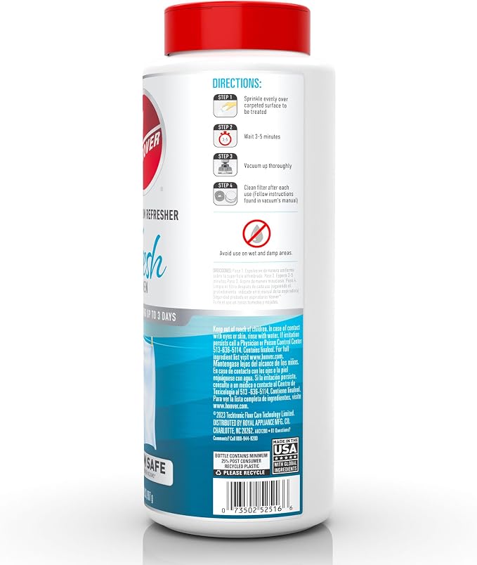 Hoover Carpet and Room Refresher, Carpet Powder, Odor Remover, Fresh Linen Scent, Vacuum Cleaner Safe, For Use on Carpets, Rugs, Couches and More, For Home Use, 32 oz (Pack of 4)