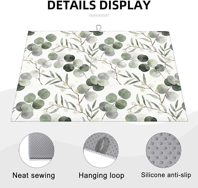 Sage Green Dish Drying Mat, for Spring Kitchen Counter Microfiber Absorbent, Sage Leaves Dish Draining Mat Extra Large 18"x24"