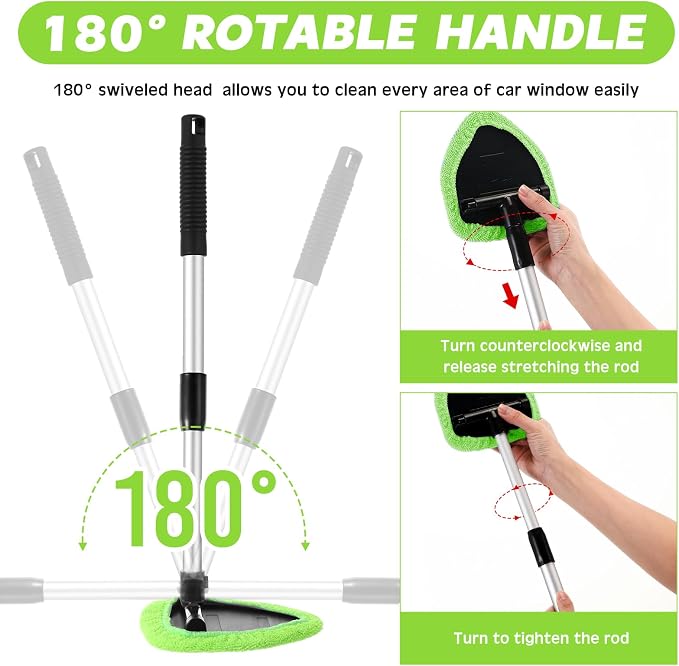Potchen 8 Pcs Car Windshield Cleaner Tool Kit with Extendable Handle, Microfiber Towel Pads, Brush, Empty Spray Bottle for Auto Glass Wiper Suvs Rvs & Home Windows (Green)