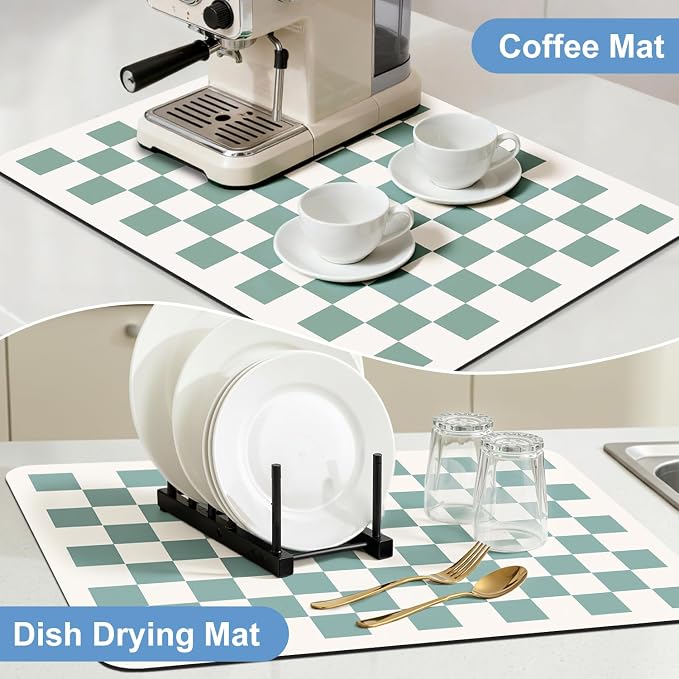 Clinuse Coffee Mats, 19"x12" Checkered Dish Drying Mat for Kitchen Counter, Quick Dry Mat, Diatomite Absorbent Aesthetic Large Drying Mats for Coffee Bar - Green White