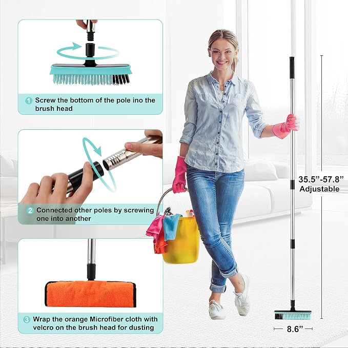 Grout Cleaner Brush with Long Handle, V-Shaped Floor Scrub Brush Swivel Grout Brush Stiff Bristle Floor Grout Scrubber for Bathroom, Tile Line, Crevice, Kitchen, Wall, Deck, Garage (Green)