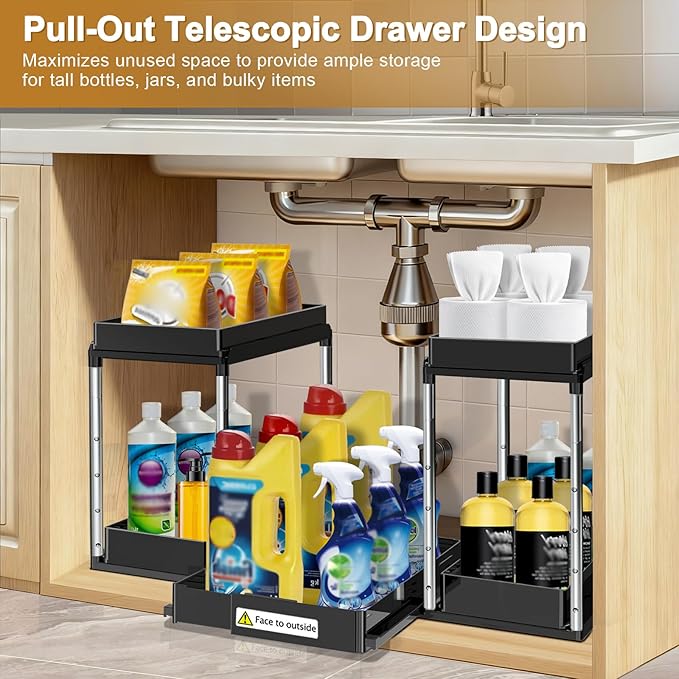 NIUXX Expandable Under Sink Organizer: 2 Tier Height Adjustable | Under Cabinet Organizer - Double Pull Out Shelf Under Sink Storage for Kitchen - Bathroom and Laundry Room - Space Saving