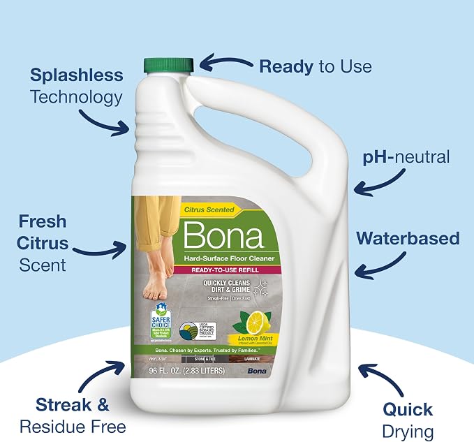 Bona Multi-Surface Floor Cleaner Refill - 96 fl oz - Lemon Mint | Residue-Free Floor Cleaning Solution refill for Spray Mop and Spray Bottles - Use on Stone, Tile, Laminate, and Vinyl Floors