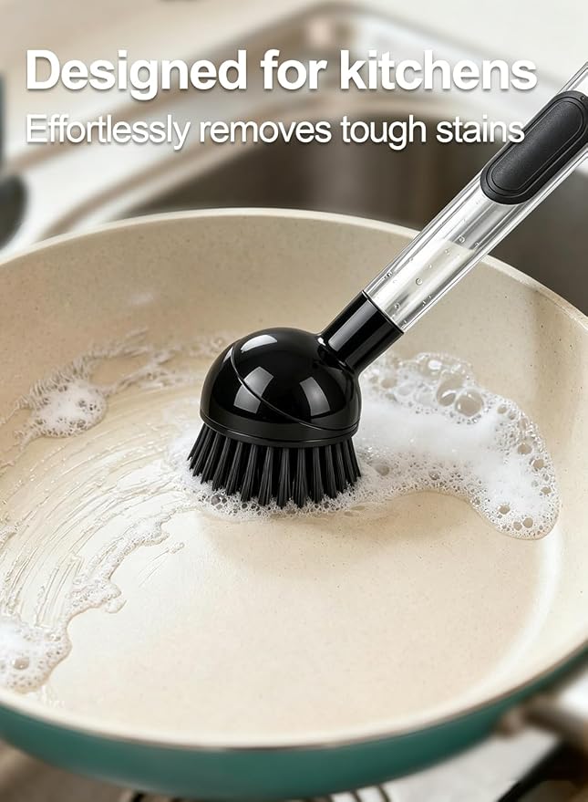 Soap Dispensing Dish Brush with Handle, 360° Rotating Head, 5-Piece Kitchen Cleaning Set (2 Brush Heads & 3 Sponges), Non-Scratch Scrubber for Pot, Pan, Sink, Leak-Proof Dishwand, Black