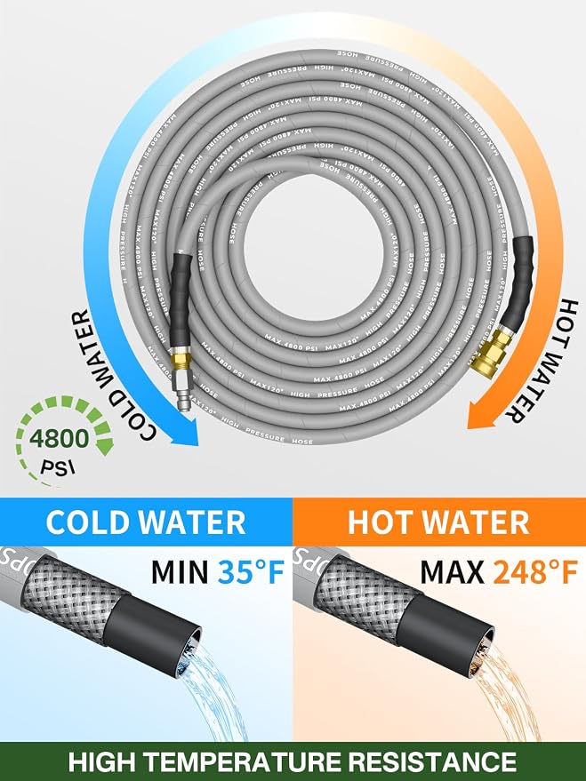 3/8" 4800PSI Pressure Washer Hose 100FT Swivel Quick Connect | Power Washer Hose for Cold/Hot Water Max 248°F, Kink Resistant Steel Wire Braided, Wear Resistant with M22 14mm Adapter