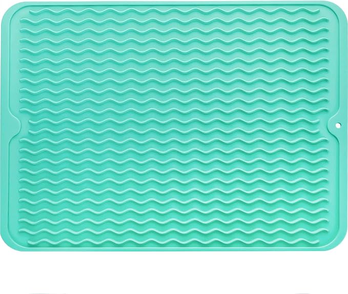 MicoYang Silicone Dish Drying Mat — Quick-Dry Ridges Counter & Sink Pad, Heat-Resistant Trivet to 450°F, Non-Slip & Dishwasher Safe, Roll-Up Storage, 18 Colors & 9 Sizes (Mint, 16"×12")