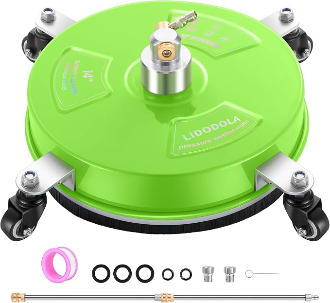 LidoDola 14'' Pressure Washer Surface Cleaner Green, Power Washer Accessory | Stainless Steel Housing with 4 Wheels, 1/4" QC, 2 Extension Wands & 2 Replacement Nozzles, for Gas & Electric Pressure Washer