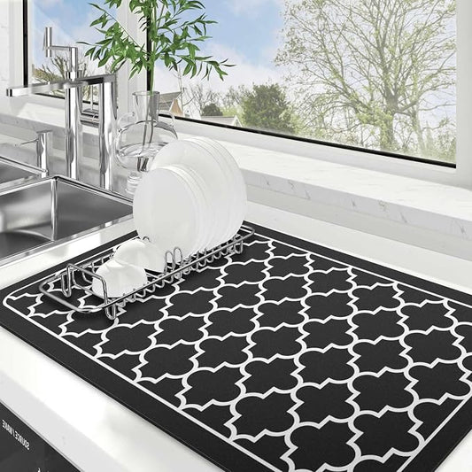 WISELIFE Dish Drying Mat Super Absorbent Drying Mat Large Dish Drying Mats for Kitchen Counter Easy Clean Dish Mat Kitchen Drying Mat18"x 28" Stylish Black