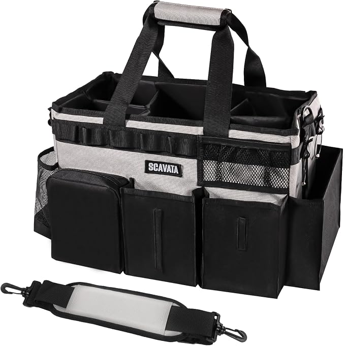 SCAVATA Wearable Cleaning Caddy Bag, Cleaning Caddy Supplies Organizer with Handle & Shoulder Straps for Housekeepers, Under Sink & Car Cleaning Tool Organizers with 4 Foldable Divider (Grey)
