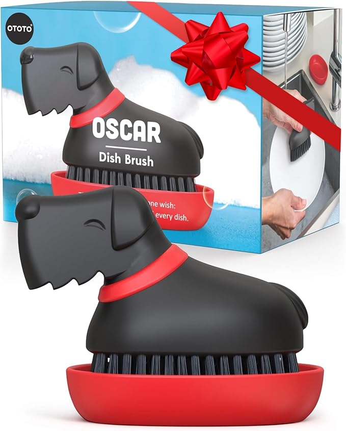 (NEW) OTOTO Oscar Dog Dish Brush - Dog Gifts, Daschund, Wiener Dog, Dish Scrub Brush, Dish Scrubber, Kitchen Vegetable Scrub Brush Palm Brush, White Elephant Gifts, Cute Kitchen Gadgets