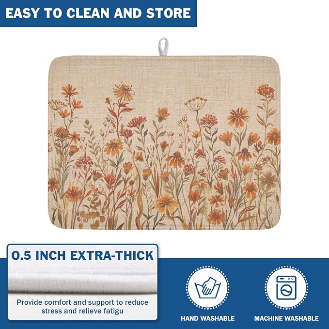Fall Floral Dish Drying Mat for Kitchen Counter 18 x 24 Inch Autumn Sunflower Dish Drainer Mat Absorbent Microfiber Thanksgiving Dish Rack Pad for Coffee Dining Bar Kitchen Decor