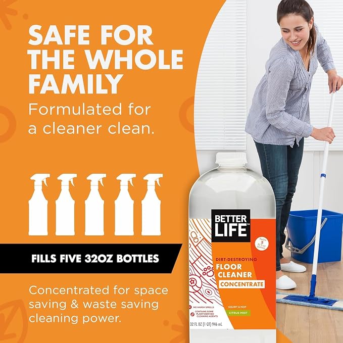 Better Life Floor Cleaner Concentrate - Liquid Multipurpose Cleaner for Wood, Tile, Laminate, Vinyl, Bamboo - Hardwood Floor Cleaner for Mopping - Citrus Mint 1 Gal Concentrate