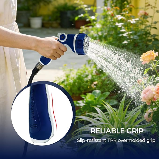 HugeDawn Garden Hose Nozzle with 7 Spray Patterns, Heavy Duty Metal Sprayer 30% Greater Water Flow for Watering, Car Wash, Outdoor Cleaning (Blue)