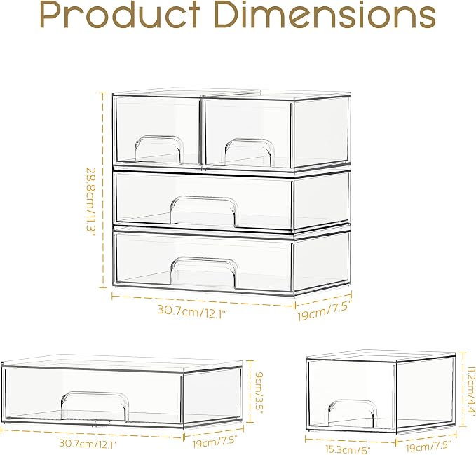 Criusia Stackable Storage Drawers, 4 Pack Clear Plastic Makeup & Bathroom Organizer, Versatile Storage Bins for Vanity, Under Sink, Kitchen Cabinets & Pantry