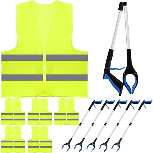 6-Pack Reflective Safety Vest & Grabber Tool Kit Yellow, 32-Inch Reacher Tool, Trash Picker for Litter, Ideal for Construction & Cleaning Teams