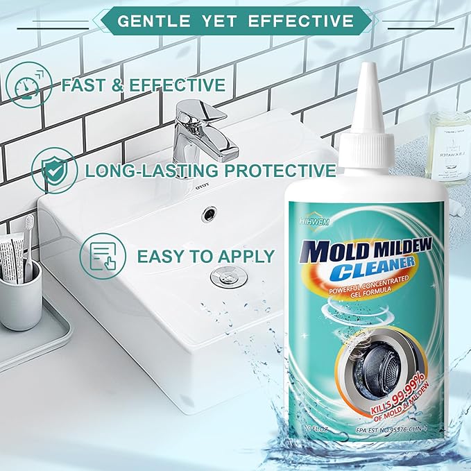 HIHWEM MoldStain Remover Gel, Washing Machine Seal Cleaner for Front Load Washer, Tiles Grout Cleaner Bathroom Cleaning Home Kitchen Sinks Caulk Cleaning, 10 Oz