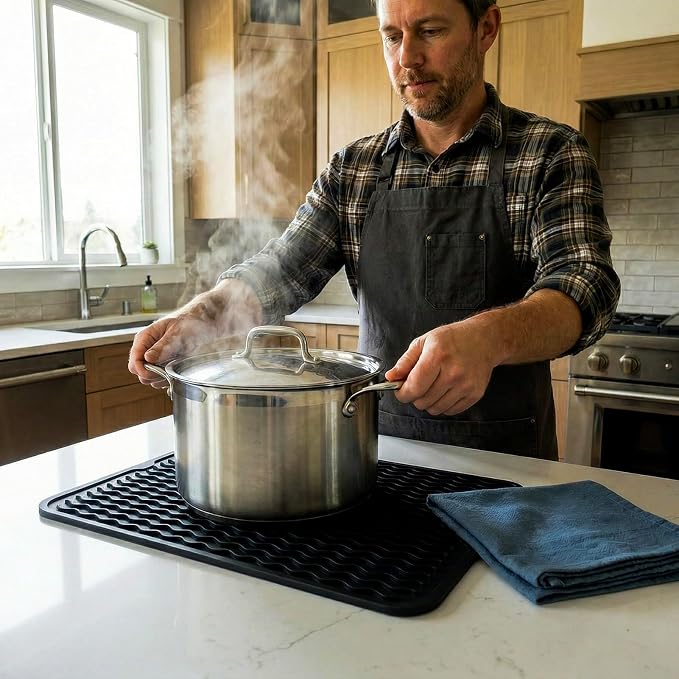 MicoYang Silicone Dish Drying Mat — Quick-Dry Ridges Counter & Sink Pad, Heat-Resistant Trivet to 450°F, Non-Slip & Dishwasher Safe, Roll-Up Storage, 18 Colors & 9 Sizes (Black, 16"×12")
