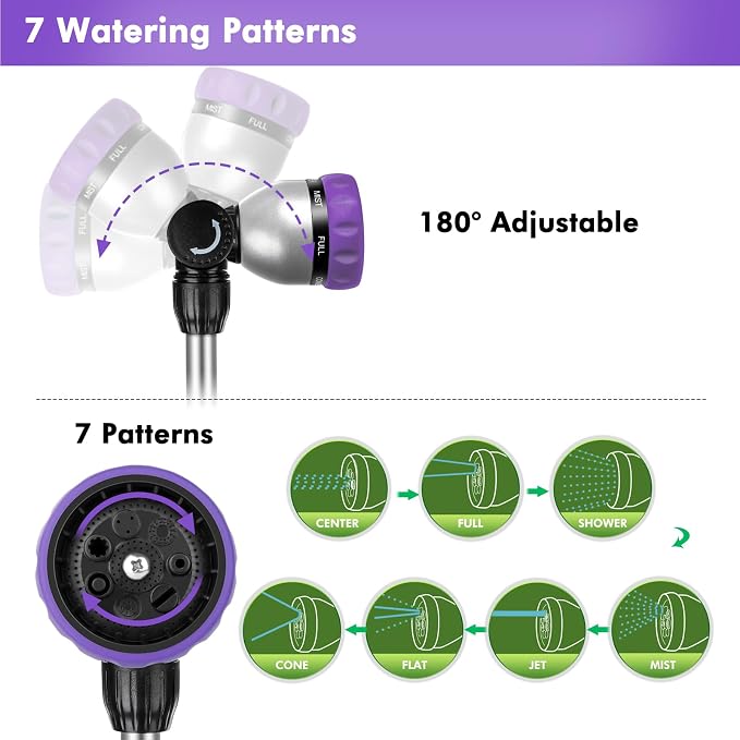 RESTMO Heavy Duty Metal Hose Wand, Watering Wand for Garden Hose | 180° Swivel Ratcheting Head, 16'' Hose Sprayer, 7 Spray Patterns, Flow Control, Ideal for Hanging Baskets & Shrubs, Purple