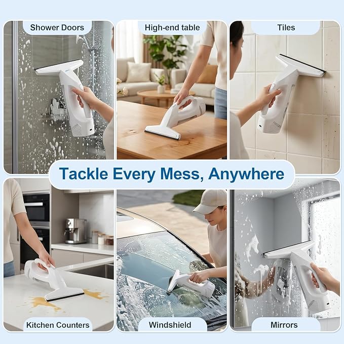 Window Vacuum Squeegee Cordless,Electric Window Cleaner with Extension Pole | Streak-Free Glass Cleaner for Shower Doors,Windows,Mirrors,Tiles,2000Pa Suction,2200mAh Battery,150ml Tank,2 Squeegee Blades.