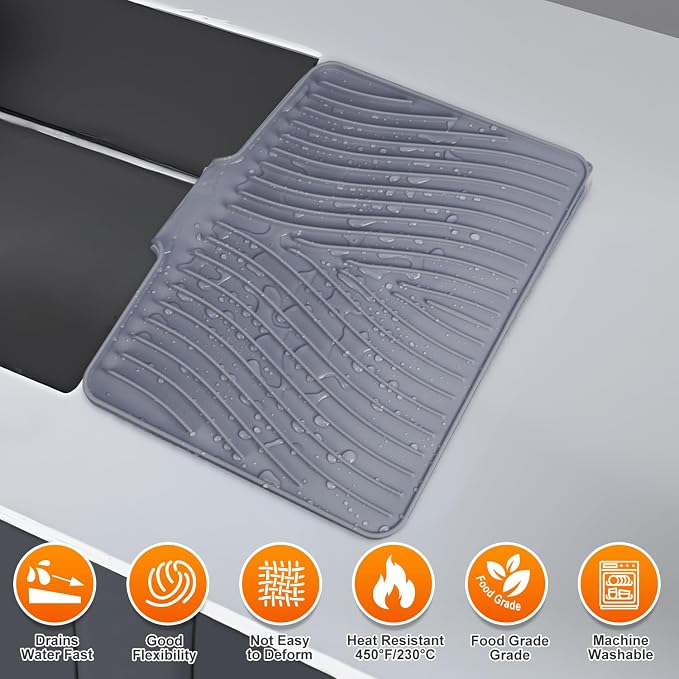 Silicone Dish Drying Mat for Kitchen counter, 15.8"x13" Extra Large Non-Slip Drain Pad with Built-in Drainage, Heat Resistant Dishwasher Safe, Grey