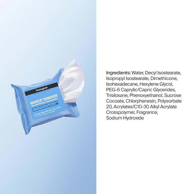 Neutrogena Makeup Remover Micellar Wipes for Face Daily Gently Removes Oil Dirt and Waterproof Makeup in a Simple Fully Plant-Based Cloth, 25 Count (Pack of 24)