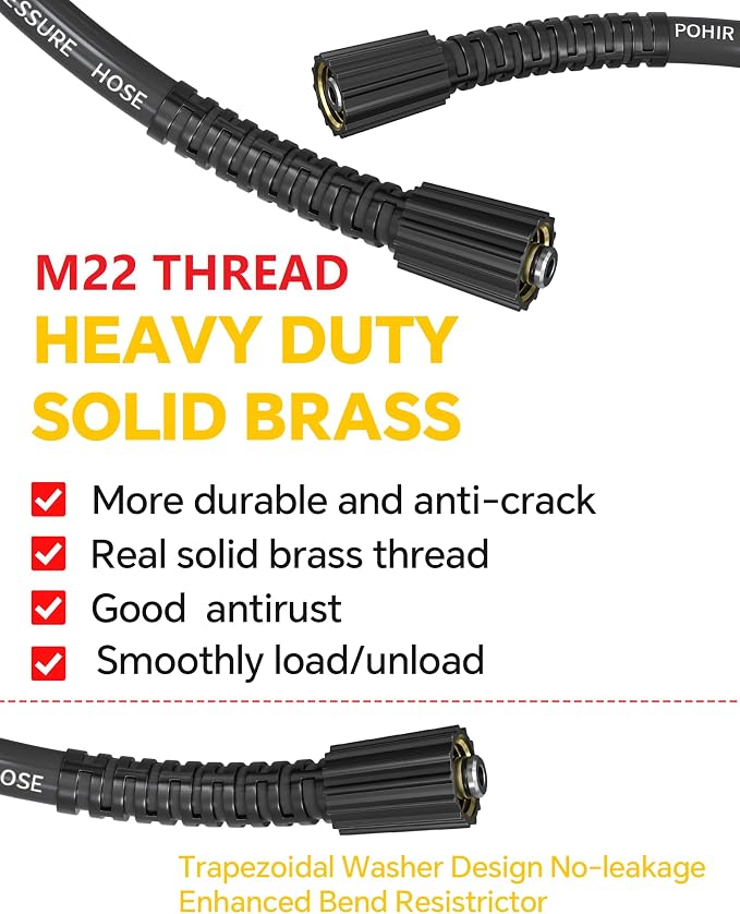 Pressure Washer Hose 4000PSI, 1/4'' M22 No Kink Replacement Hose | 100FT Non Marking & No Bursting Power Washing Lightweight Extension Hose with O-Rings No Leakage for Car Garden Yard Cleaning